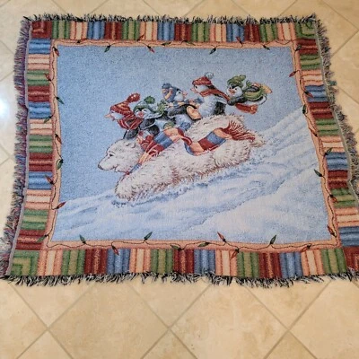 Mohawk Tapestry Throw Blanket Penguins  Polar Bear  Downhill Ride 48"x54"  USA - Image 1 of 4