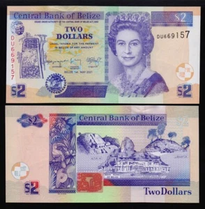 BELIZE: B324g P#66g 2 Belize Dollars 1.5.2021 Uncirculated Banknote. - Picture 1 of 1
