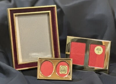Vintage 4 Photo Solid Brass Gold Photo Frames 1 Painted Gold Velvet KOREA - Image 1 of 4