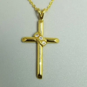 Vintage Gold Tone Cross Pendant Necklace, Rhinestone Set, Signed, Estate - Picture 1 of 8
