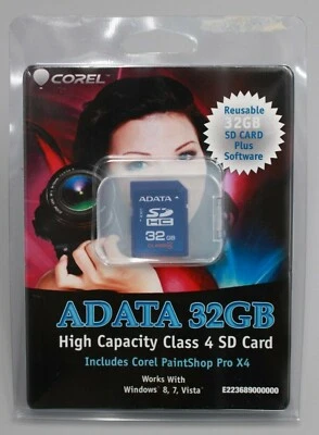 Adata 32GB SD HC Memory Card Class 4 WITH Corel Paintshop Pro X4 - Image 1 of 4