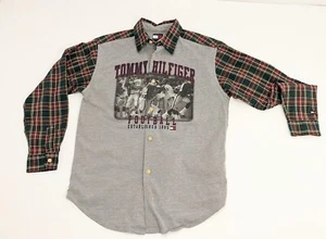 Boys TOMMY HILFIGER Grey Football Button Up Shirt MEDIUM Green Plaid Long Sleeve - Picture 1 of 11