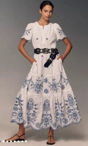 Anthropologie The Somerset Maxi Dress Eyelet Edition Smocked Blue Motif XXS NWT - Picture 1 of 7