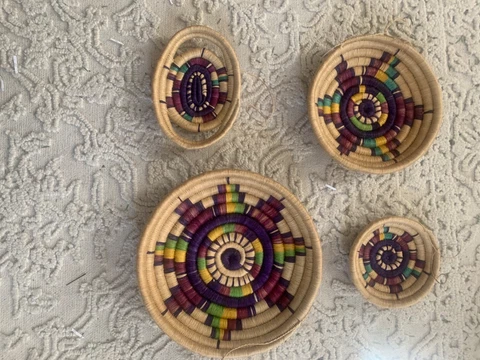 Vtg Hand Woven Hanging Baskets Set Tribal Boho Coiled Tonga Basket Wall Decor Cover