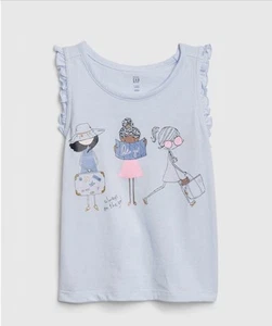 New Gap Kids Girls 4 Ruffle Graphic Tank Top Blue Cotton - Picture 1 of 6