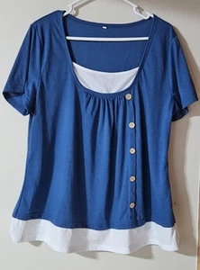 XXL ( 1X )Woman's blue faux buttoned scoop neck stretch Layered look top - Picture 1 of 3