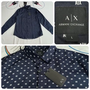 NWT Mens Armani Exchange Button Up Shirt Long Sleeve All Over Print AOP Navy L - Picture 1 of 12