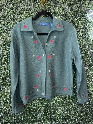 Karen Scott Sport Bordado Navidad Lana Cárdigan Verde Abotonado Talla M Foto 1 de 4