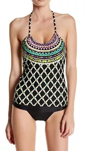 NWT $152 Trina Turk Kon Tiki Sz 12 Tankini Top & Sz 14 Solid Black Hipster - Picture 1 of 5