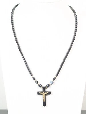 灰色赤铁矿石十字架金色十字架串珠项链 17.5 英寸 — 第 1/4 张图片