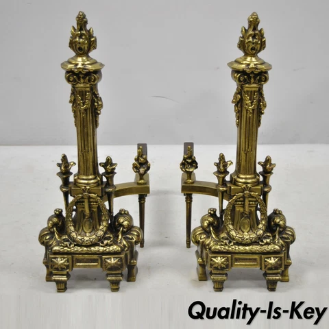 Vtg Pair French Empire Brass Bronze Column and Flame Finial Fireplace Andirons Cover