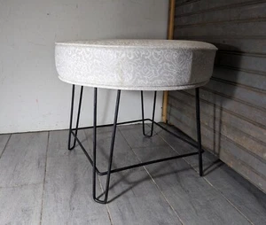 Vintage Mid Century Modern Round Footstool Ottoman Wrought Iron Hairpin Legs - Picture 1 of 15