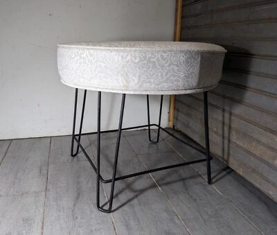 Vintage Mid Century Modern Round Footstool Ottoman Wrought Iron Hairpin Legs - Image 1 of 4