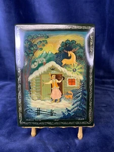 Vintage Russian Lacquered Box Hand Painted Signed Hinged Footed Cat Deer Girl - Picture 1 of 13