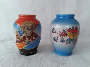 2 Vintage Miniature Occupied Japan Vases Satsuma Moriage Samurai Floral Blue - Picture 1 of 9
