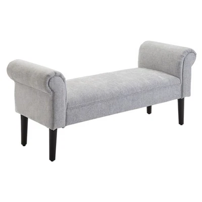 Ottoman Bench Linen Upholstered Foam Seat Wooden Legs Rolled End Light Grey - Image 1 of 4