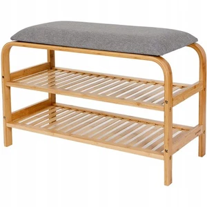 Schuhregal aus Bambus mit Sitzbank Schuhbank Sitzkissen 70x30x46cm Grau - Bild 1 von 12