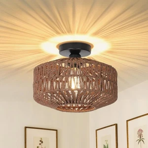 Vintage Bamboo Ceiling Lights Rattan Lampshade Lamp Bohemian Restaurnt Bar Cafe - Picture 1 of 9
