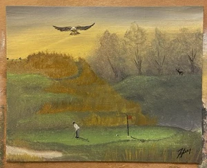 “Two Under Par” Original Oil Painting Of Golf Course And A Bald Eagle Hand Paint - Picture 1 of 1