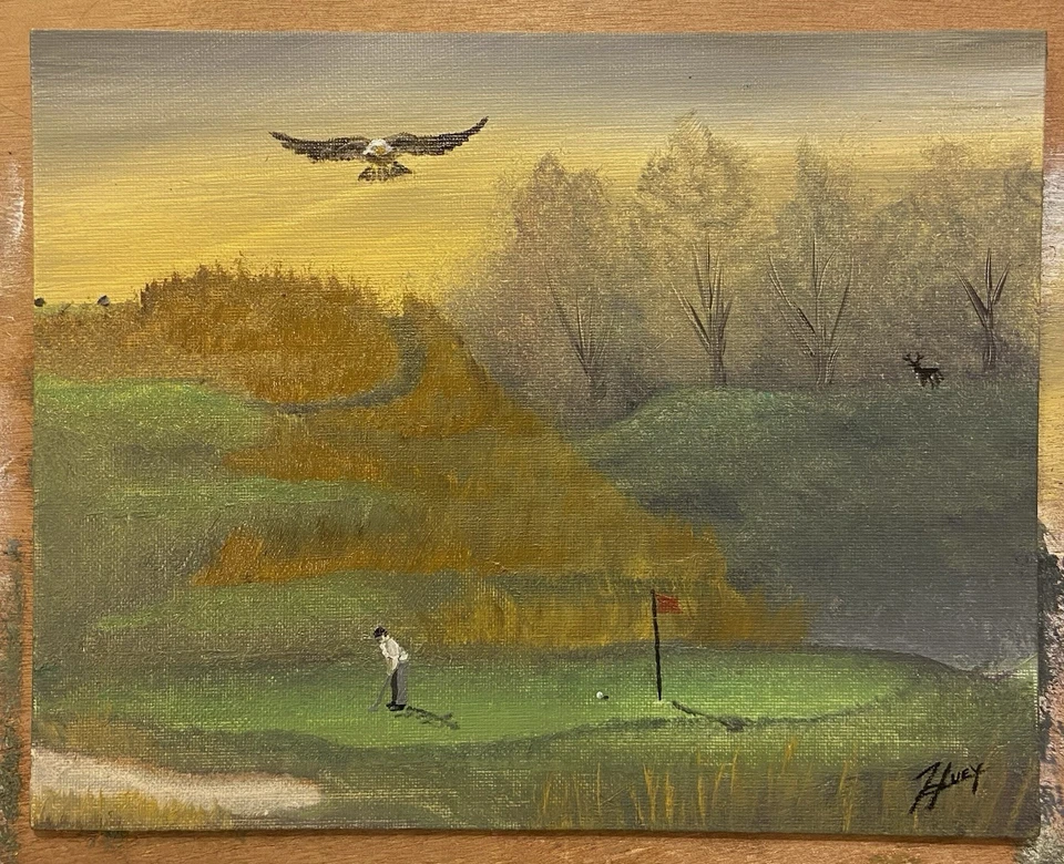"Оригинальная картина маслом поле для гольфа ""Two Under Par"" и ручная краска ""Лысый орел""" - Изображение 1 из 1