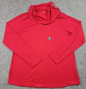 LL Bean Pullover Womens Large Petite Fiery Red Pima Cotton Cowl Neck Button Top - Picture 1 of 10