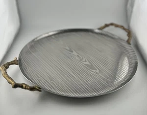 Goldinger Silver Art Wood Grain Look 14”Handled Serving Tray Gold Branch Handles - Picture 1 of 6