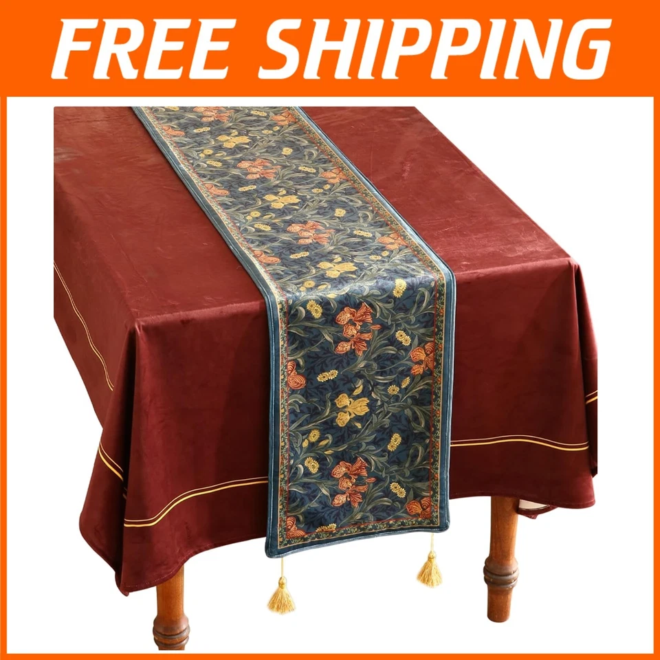 Exquisite Dark Blue Floral Velvet Table Runner 102" Long - Home Decor Must-Have - Image 1 of 4
