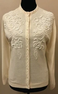 Vintage Mademoiselle Womens Cardigan Size 42 Ivory Lambswool Embellished Lined - Picture 1 of 11