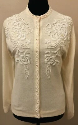 Vintage Mademoiselle Womens Cardigan Size 42 Ivory Lambswool Embellished Lined  - Image 1 of 4