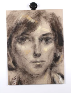 Portrait of Lady Mid Century Modern Charcoal Drawing  Illegible Signature - Picture 1 of 7