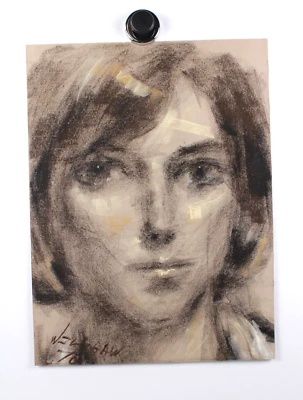 Retrato de Dama Mediados de Siglo Moderno Dibujo Carbón Firma Ilegible Foto 1 de 4