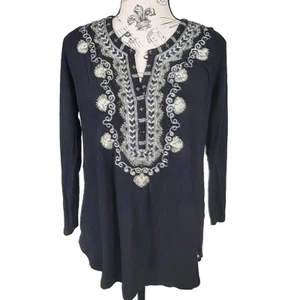 Lucky Brand M Womans Boho Top Black w/ Embroidery & Beads 3/4 Sleeve - Picture 1 of 17