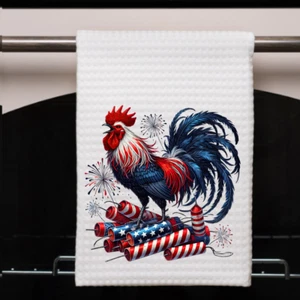 Gallo Patriótico 4 de Julio Cocina Plato Toalla 16x24 Rojo Blanco Azul Decoración Vacacional - Imagen 1 de 9