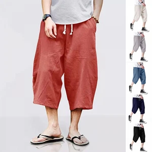 Pantalones recortados informales sueltos informales de verano de algodón y lino con bolsillos profundos talla grande - Imagen 1 de 42