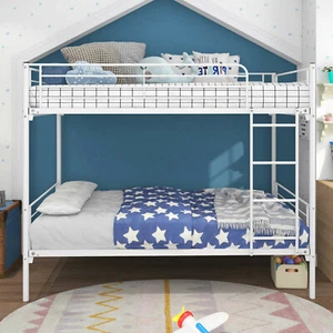 Twin-Over-Twin Bunk Bed Metal Double-Deck Bed Frame w/ Ladder Space-Saving - Picture 1 of 16
