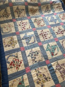 Mabel's 1930's Double Feedsack Basket Bright Yellow Backed Trimmed Quilt 84x62 - Picture 1 of 5