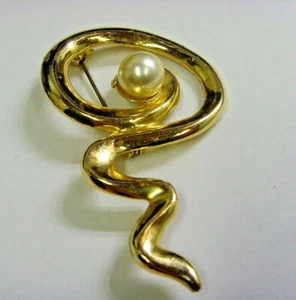 vintage gold tone awakened kundalini large serpent motif faux pearl brooch 50639 - Picture 1 of 6