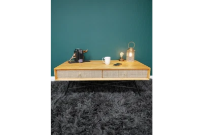 Retro Style Mango Wood Coffee Table 2 Ratten Pattern Drawers 7961 - Image 1 of 4