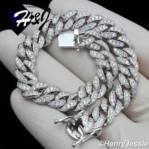 7.5"MEN SOLID 925 STERLING SILVER 8MM ICY CZ MIAMI CUBAN CURB LINK BRACELET*B11 - Picture 1 of 5