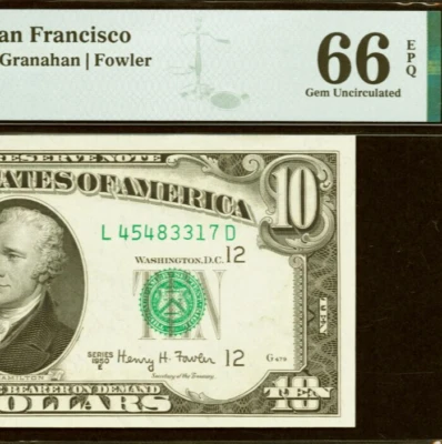 1950E $10 Federal Reserve Note PMG 66EPQ - Low Run San Francisco - Fr 2015-L - Image 1 of 3