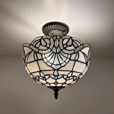 ENJOY DECOR LAMPS Tiffany Style Ceiling Lamp White Stained Glass Baroque Style Lavender 12”W*12'H