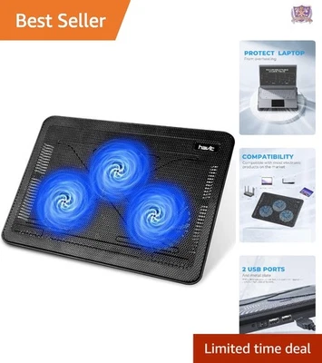 Laptop Cooler Cooling Pad 15.6-17 Inch USB Portable 3 Fans Black Blue - Image 1 of 4