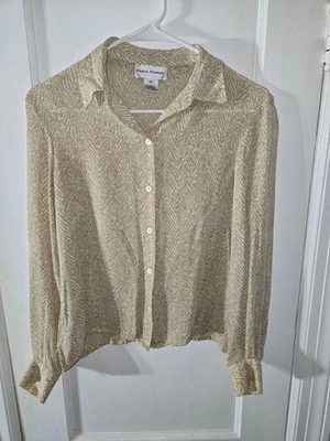Vintage Rena Rowan Women's Tan and Beige Silk Button Blouse Sz 8 Career Print - Image 1 of 4