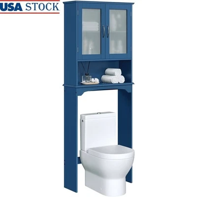 Over Toilet Storage Cabinet Bathroom Space Saver 2 Doors Open Shelf Blue MDF New - Image 1 of 4