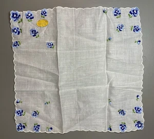 Vtg Embroidered Handkerchief Made In Switzerland Blue Flowers Scalloped - Picture 1 of 4