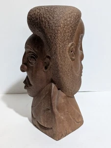 VINTAGE Carved Wooden Head w/2 Faces Sculpture Signed Jamaican Folk Art 8" HEAVY - Picture 1 of 6
