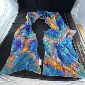 Silk Oblong Scarf 9x53” Paint Dipped Green Blue Yellow Teal Psychedelic - Picture 1 of 10