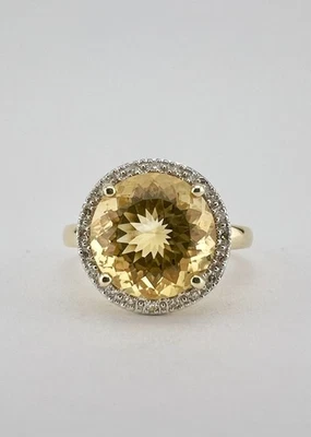 Anillo de diseño de oro amarillo de 14k natural redondo limón citrino y halo de diamantes Foto 1 de 4