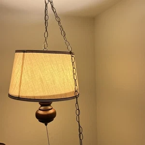 Vintage Mid Century Turned Teak Wood Hanging Swag Lamp Office Study - Picture 1 of 6