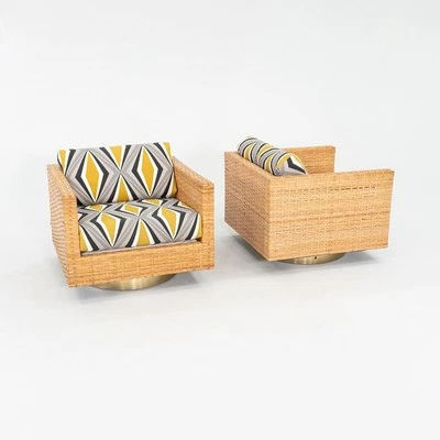 1977 Pair of Harvey Probber Cube Swivel Lounge Chairs in Woven Latania Palm Cane - Image 1 of 4